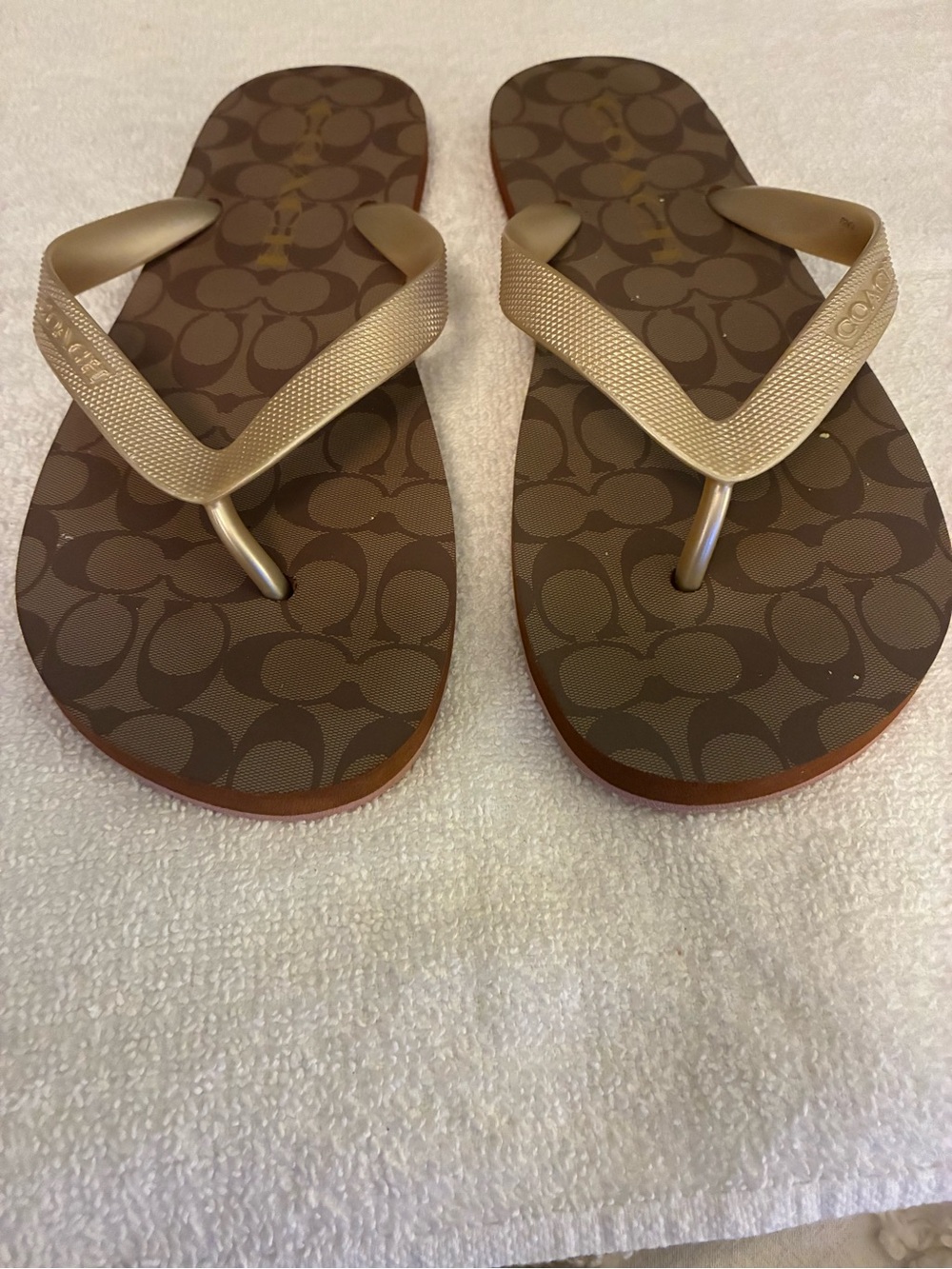 Coach Natalee/Zak Signature Monogram Brown Gold Flip Flops with Gold Straps